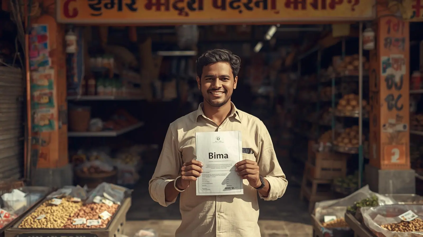 Small shop owner in India taking shopkeeper Bima policy